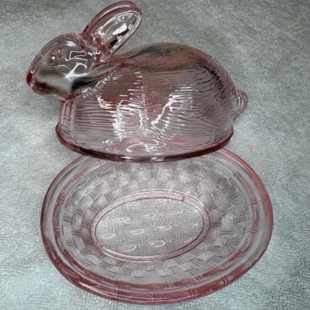 Pink Glass Bunny Butter Dish